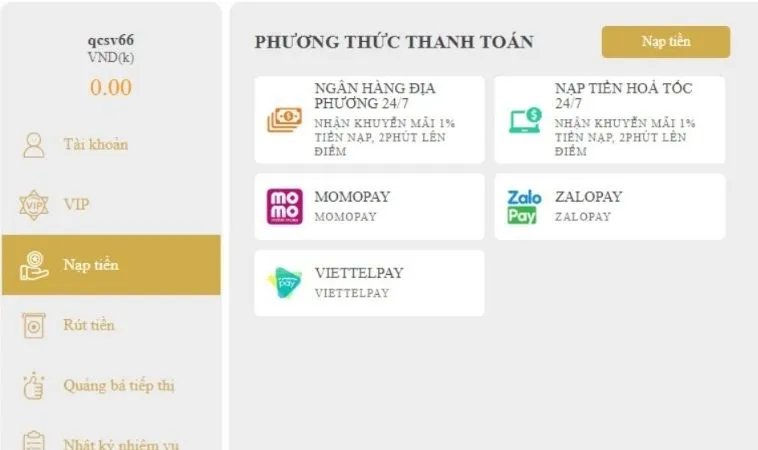 Hướng Dẫn Nạp Tiền SV66 Nhanh Chóng Và An Toàn 2 Giao diện nạp tiền SV66